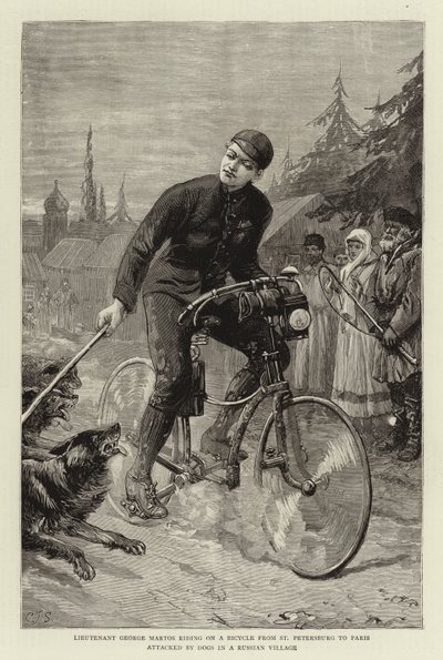 Leutnant George Martos auf einer Fahrradtour von St. Petersburg nach Paris von Hunden in einem russischen Dorf angegriffen von Charles J. Staniland